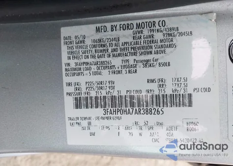 2010 Ford Fusion Se z USA, uszkodzony, nr VIN 3FAHP0HA7AR388265
